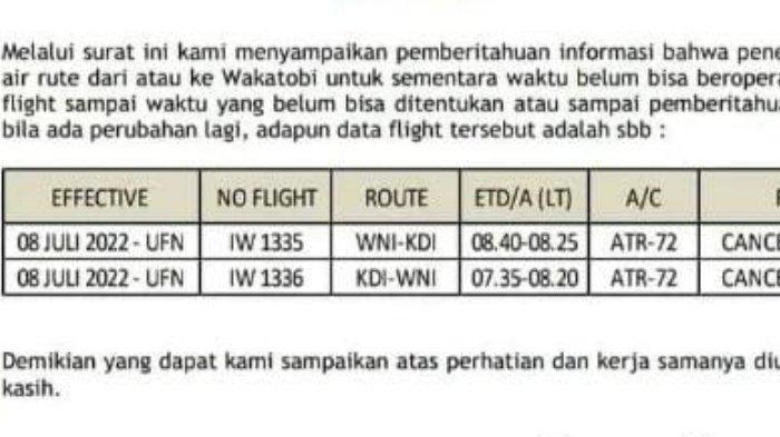 Maskapai Wings Air menghentikan rute penerbangan Kendari dan Wakatobi, Provinsi Sulawesi Tenggara (Sultra), mulai 8 Juli 2022. Kabar penghentian pengoperasian rute Kendari-Wakatobi maupun Wakatobi-Kendari, Provinsi Sultra, tersebut diperoleh TribunnewsSultra.com pada Selasa (05/07/2022).
