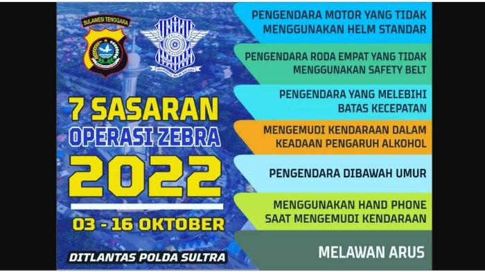 Operasi atau razia besar-besaran akan dilakukan jajaran Kepolisian Daerah Sulawesi Tenggara (Polda Sultra) selama 14 hari melalui Operasi Zebra 2022. Dalam pelaksanaan Operasi Zebra Anoa 2022 yang berlangsung 3-16 Oktober 2022 tersebut, Polda Sultra menyasar 7 jenis pelanggaran lalu lintas atau lantas.