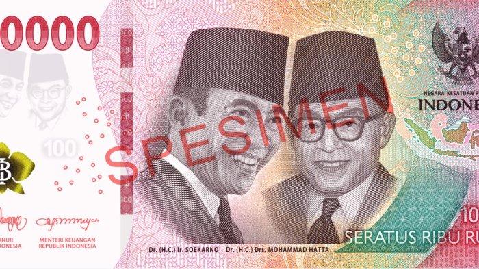 Uang baru 2022 pecahan Rp100.000 menampilkan Tokoh Proklamator Kemerdekaan Republik Indonesia, Dr (H.C.) Ir Soekarno dan Dr (H.C.) Drs Mohammad Hatta, sebagai gambar utama.