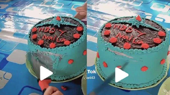 Beredar video viral aksi seseorang memotong kue ulang tahun yang ternyata isinya tempat rice cooker atau pemasak nasi.