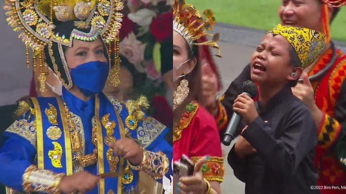 Ibu Iriana Jokowi dibuat berjoget saat menikmati penampilan Farel Prayoga yang menyanyikan lagu Ojo Dibandingke dalam upacara peringatan HUT ke-77 RI di Istana Merdeka pada 17 Agustus 2022.
