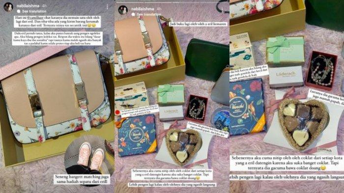 Unggahan Instagram Story Nabila Ishma Nurhabibah pacar Emmeril Kahn Mumtadz (Eril) anak Gubernur Jawa Barat Ridwan Kamil. Nabila mendapatkan oleh-oleh yang dibelikan Eril dari Eropa berupa coklat hingga tas.