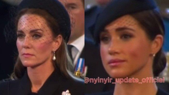 Ekspresi wajah Kate Middleton dan Meghan Markle saat mengikuti proses pemakaman Ratu Elizabeth II di Westminster Hall di London.