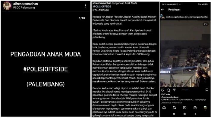 Konser Rossa di Palembang menuai kecewa dari promotor menyebut banyak pembeli tiket tidak bisa masuk karena full kapasitas dan polisi disebut offside hingga viral tagar #polisioffside, Sabtu (26/11/2022).