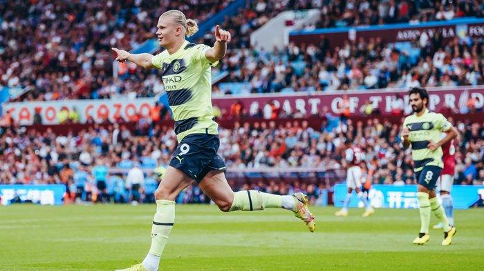 Erling Haaland merayakan gol ke gawang Aston Villa di Liga Inggris 2022-2023 pekan keenam. Manchester City membuang peluang menggusur Arsenal di puncak klasemen Liga Inggris 2022-2023. Pasukan Pep Guardiola ini gagal menang lantaran cuma bermain 1-1 lawan tuan rumah Aston Villa, Sabtu (3/9/2022).