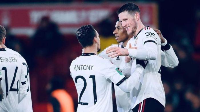 Wout Weghorst saat merayakan gol di laga Nottingham vs Man United di Semifinal Piala Carabao Cup, Kamis (26/1/2023) dini hari