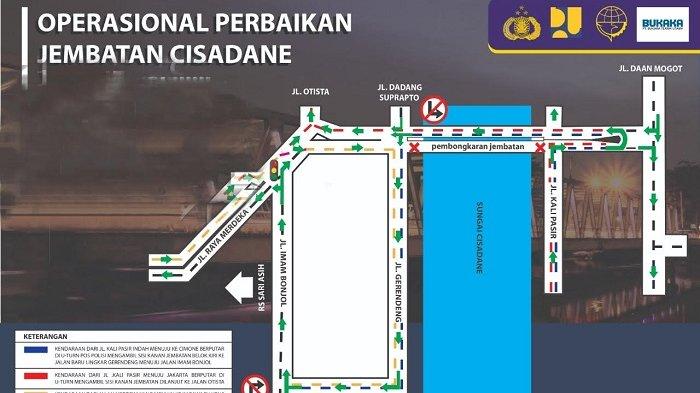 Skema rekayasa lalu lintas di sekitar Jalan Merdeka, Kota Tangerang, Kamis (21/7/2022). Rekayasan lalu lintas ini dilakukan saat Jembatan Cisadane yang menjadi ikon Kota Tangerang ini akan dibongkar dan diperbaiki. Diperkirakan perbaikan Jembatan Cisadane memakan waktu satu tahun.