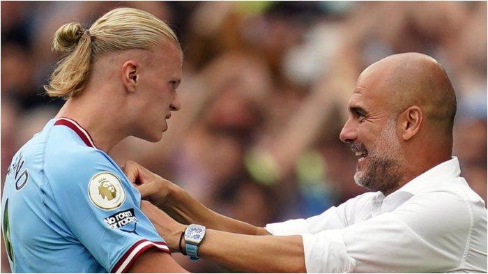Pemain Manchester City, Erling Haaland, dan sang pelatih, Pep Guardiola.