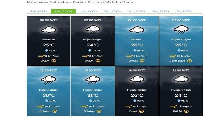 Berikut adalah prakiraan cuaca untuk Kabupaten Halmahera Barat, Provinsi Maluku Utara untuk besok, Kamis 13 Oktober 2022.