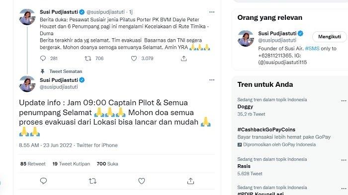 Mantan Menteri Kelautan dan Perikanan Susi Pudjiastuti terus mengupdate kondisi terkini para penumpang Susi Air yang mengalami kecelakaan di Papua, Kamis (23/6/2022).