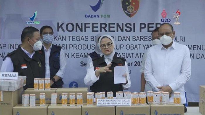 Konfrensi pers penggerebekan BPOM terhadap PT Yarindo, pabrik obat sirup yang cemaran Etilon Glikolnya mencapai 100 kali lipat di Serang.