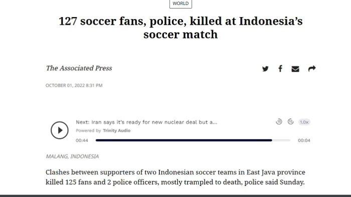Rusuh Arema Persebaya yang menewaskan sedikitnya 127 orang pendukung sepak bola menjadi berita utama media-media asing seperti heraldsun.com. Herald Sun menulis berita dengan judul :