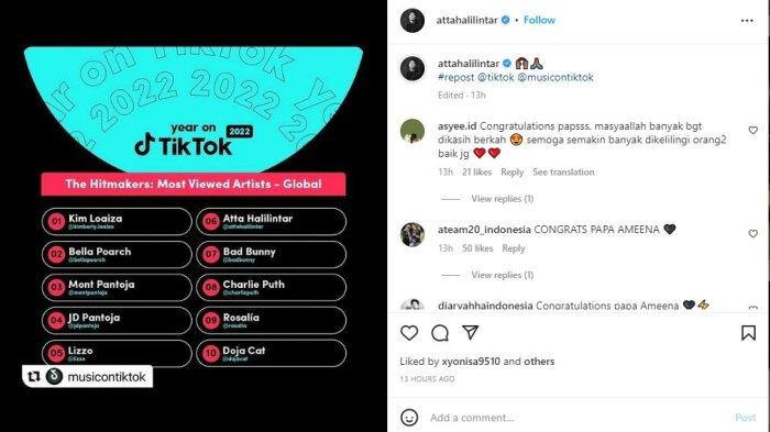 Atta Halilintar masuk dalam 10 besar Most Viewed Artists Glibal di Musik On Tiktok.
