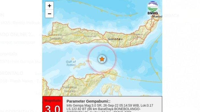 Infografis gempa bumi Teluk Tomini pada Senin pagi. Gempa bumi berkekuatan M3.0 Skala Richter (SR) mengguncang Teluk Tomini, Gorontalo pada Senin 26 September 2022 pukul 06.14 Wita.