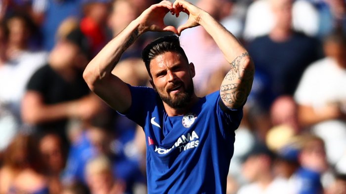Olivier Giroud merayakan gol tunggalnya saat Chelsea menghadapi Liverpool