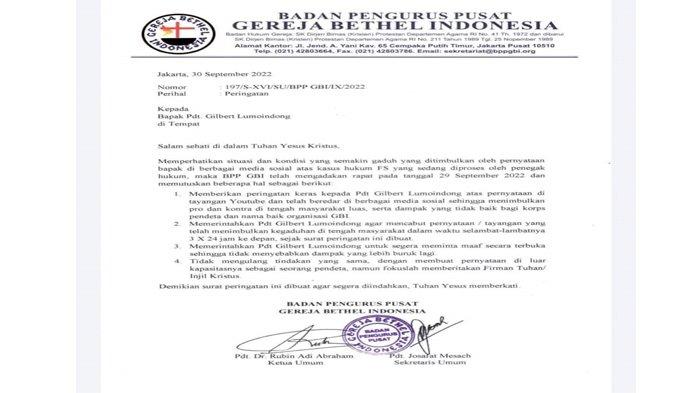 Surat peringatan keras BPP GBI untuk Pendeta Gilbert Lumoindong