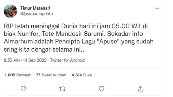 Akun twitter @jayapuraupdate kabarkan Tete Mandosir