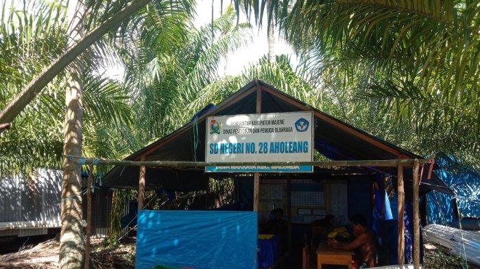 Sekolah Dasar Negeri (SDN) No 28 Aholeang yang terbuat dari terpal dan beralaskan tanah.