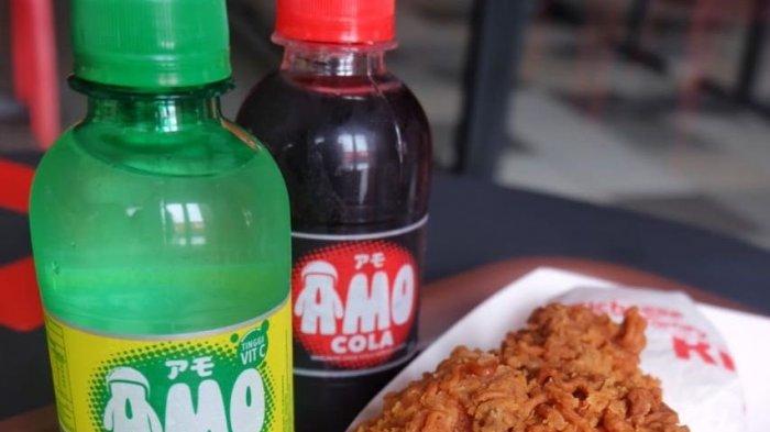 Sajian volcamo ramen chicken dan amo soft drink di 173 outlet Richeese Factory