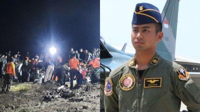Puing peswat tempur TNI AU yang jatuh di Blora, Jawa Tengah (kanan). dan sosok Lettu Pnb Allan Safitra