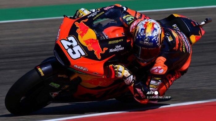 Raul Fernandez mengendarai sepedanya selama balapan Moto2 Moto Grand Prix of Aragon di sirkuit Motorland di Alcaniz pada 12 September 2021.