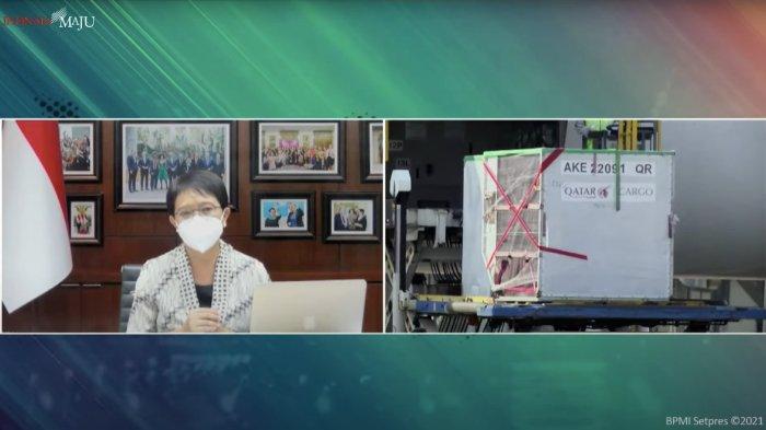 Menlu Retno Marsudi memberikan keterangan pers menyambut kedatangan vaksin Moderna, Kamis (15/07/2021) sore, secara virtual.