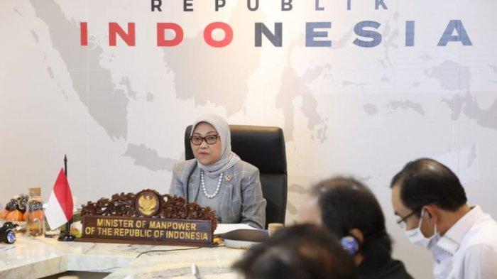 Menteri Ketenagakerjaan Ida Fauziyah kepada Organisasi Buruh Internasional (ILO) memaparkan langkah-langkah pemerintah menekan jumlah pengangguran selama pandemi Covid-19 secara virtual, Kamis (2/7/2020).(Dokumentasi Humas Kementerian Ketenagakerjaan)