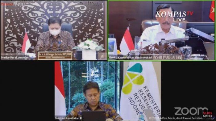Menko Perekonomian Airlangga Hartarto, Menko Marves Luhut Binsar Pandjaitan, dan Menteri Kesehatan Budi G Sadikin dalam Keterangan Pers mengenai Perkembangan PPKM Terkini, Senin (20/09/2021) sore.