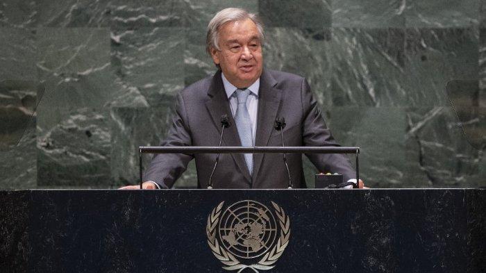 Sekretaris Jenderal PBB António Guterres saat berpidato di Sidang Umum PBB ke-75 pada 22 September 2020 di New York.
