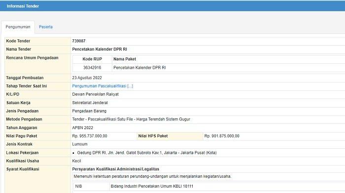 pengadaan kalender DPR RI pakai APBN 2022 hampir Rp1 Miliar