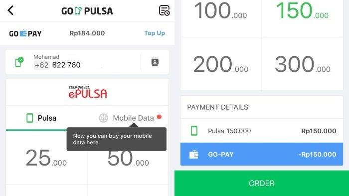 Isi nomor yang dituju, pilih Pulsa untuk pulsa reguler atau Mobile data untuk kuota internet, pilih ORDER