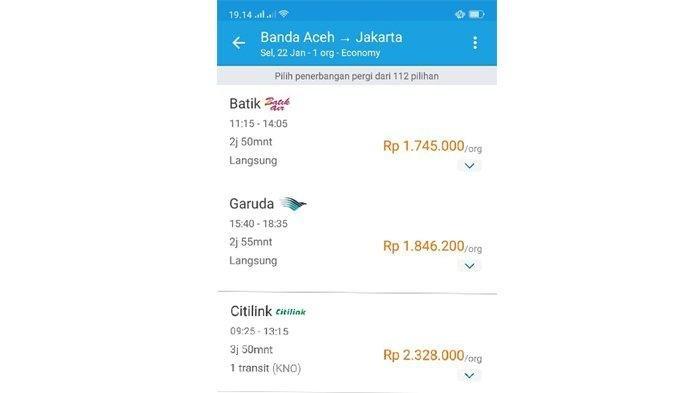 Harga tiket Batik Air, Garuda Indonesia, dan Citilink, Banda Aceh - Jakarta, untuk keberangkatan Selasa (22/1/2019). (Capture Situs Traveloka)