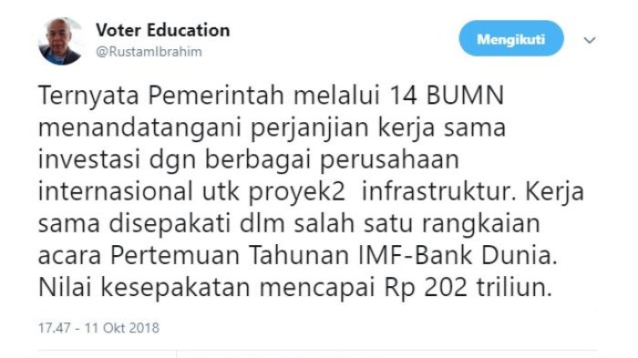 Kicauan Rustam Ibrahim, Kamis (11/10/2018).