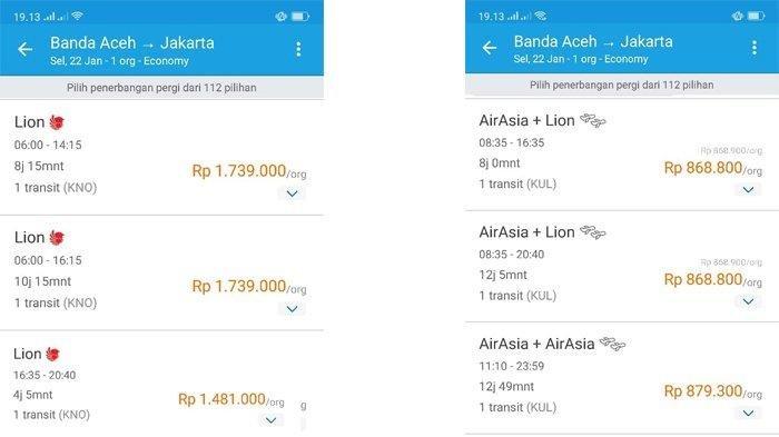 Perbandingan harga tiket Banda Aceh - Jakarta dengan Lion Air (transit Kuala Namu) dan Air Asia (Transit Kuala Lumpur), untuk tanggal Selasa 22 Januari 2019. (Capture Situs Traveloka)